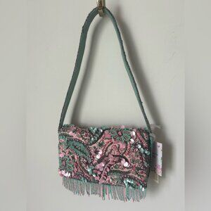 Viral Beaded Paisley Fringe Pink and Green Made in India Shoulder Bag